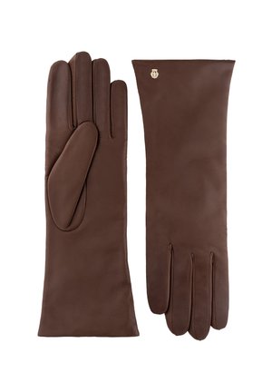 Braune Lederhandschuhe mit einer glatten Textur, einem schlanken Design und einer Manschette, die über das Handgelenk hinausreicht. Mit goldfarbenen Beschlägen versehen.