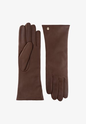 Brown leather gloves with a smooth texture, featuring a sleek design and a cuff extending above the wrist. Gold hardware accent included.