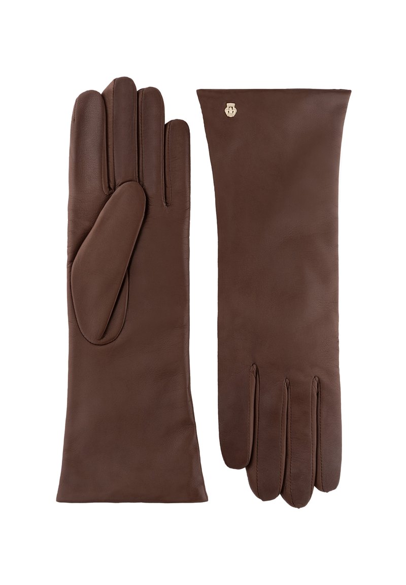 Braune Lederhandschuhe mit einer glatten Textur, einem schlanken Design und einer Manschette, die über das Handgelenk hinausreicht. Mit goldfarbenen Beschlägen versehen.