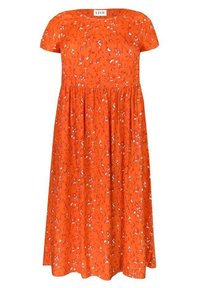 Kirkas oranssi midi-mekko, jossa on pieni valkoinen kukkakuosi, lyhyet hihat, laskostettu vyötärö ja pyöreä kaula-aukko.