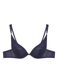 Granatowy koronkowy stanik z formowanymi miseczkami, regulowanymi ramiączkami oraz dekoracyjnym złotym akcentem na środku. Szczegółowy kwiatowy wzór na całej tkaninie.