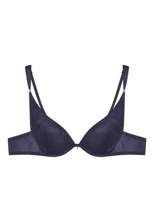 Marineblauer Spitzenslip mit vorgeformten Cups, verstellbaren Trägern und einem dekorativen goldenen Akzent in der Mitte. Detailliertes Blumenmuster über den gesamten Stoff.