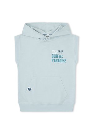 Sudadera sin mangas azul claro con capucha, bolsillo frontal y texto "SURFers PARADISE" impreso en la parte superior izquierda del pecho.