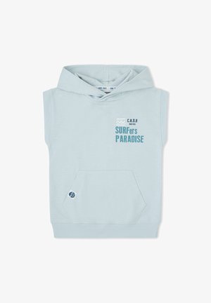 Sudadera sin mangas azul claro con capucha, bolsillo frontal y texto "SURFers PARADISE" impreso en la parte superior izquierda del pecho.