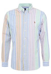 Camicia a maniche lunghe e bottoni colorata con strisce verticali in toni pastello di blu, verde, rosa e arancione, con un piccolo logo sul petto.