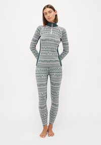 Green patterned wetsuit with a high collar, long sleeves, and a front zipper. Features a geometric design with pink accents on seams.