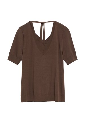 Braunes kurzärmeliges Stricktop mit V-Ausschnitt und Bindeband am Rücken, gerippte Bündchen und Saum, aus leichtem Stoff gefertigt.