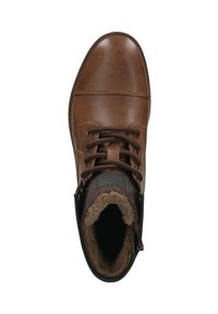 Braune Lederstiefeletten mit strukturiertem Wollfutter, runder Zehenform und zwei metallischen Akzenten an den Seiten. Schnürsenkel in kontrastierendem Braun.