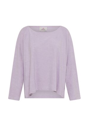 Lavendel, langärmelige top met een brede halslijn en een losse, relaxte pasvorm. Gemaakt van een zachte, gestructureerde stof met een licht gemêleerd patroon.