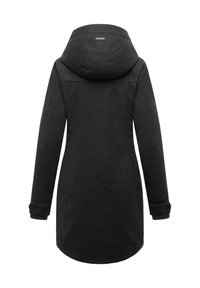 Black wool-blend coat with a hood, featuring long sleeves, buttoned cuffs, and a streamlined, mid-length design. Smooth texture.