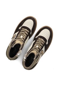 Hi-top sneakers with suede and leather in beige, brown, and olive. Unique lacing design, perforated toe, and padded collar. Rubber sole.
