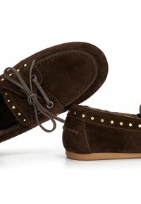 Brown suede loafers with gold hardware accents, round toe, and lace-up design. Soft texture, detailed stitching along the edges, flat sole.