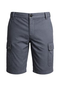 Mannen donkere grijze cargoshorts met zijflapzakken, riemlussen, knoopsluiting en subtiele horizontale streepstructuur.