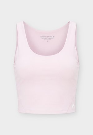 Lyserosa ermeløs crop-top med rund hals, laget av glatt stoff, med Björn Borg-logo nederst til venstre.