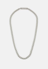 Silver-tone beaded necklace with round metal beads and a central clasp featuring the brand name, polished finish and smooth texture.