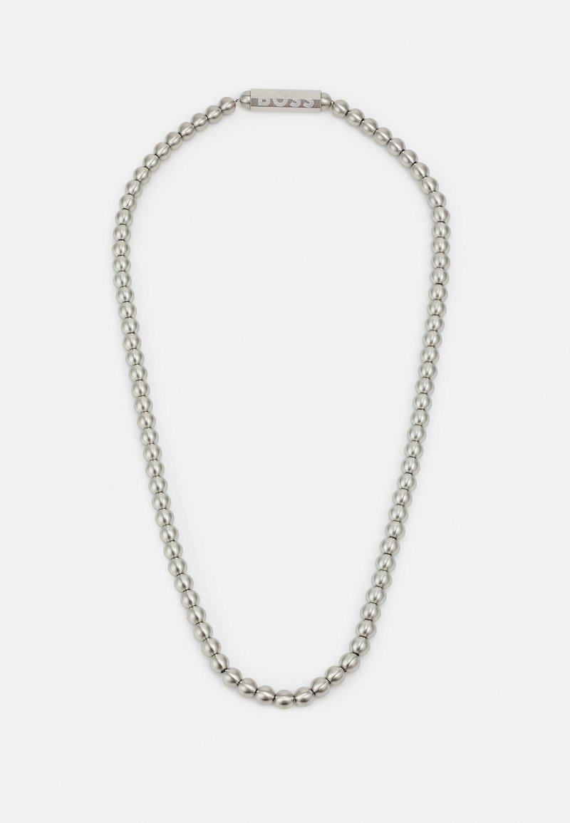 Silver-tone beaded necklace with round metal beads and a central clasp featuring the brand name, polished finish and smooth texture.