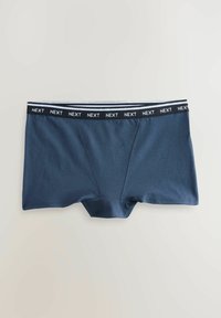 Navy blue boxer briefs made of soft fabric. Features a black elastic waistband with white "NEXT" logo and double stripe accents.