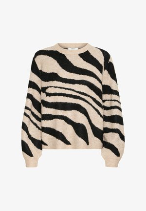 Bežani pulover s crnim zebra prugama, okruglim izrezom i dugim rukavima. Napravljen od mekog, teksturiranog materijala, dizajniran za udobnost i toplinu.