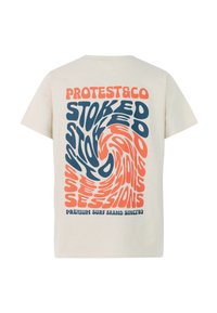 T-shirt en coton crème avec un motif tourbillonnant en bleu et orange, avec le texte "PROTEST&CO" et "PREMIUM SURF BRAND SINCE '93."