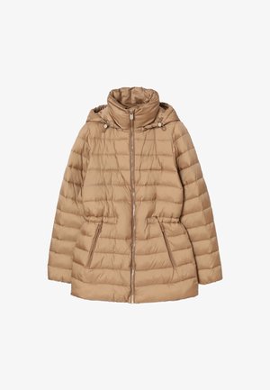 Tan padded jacket with a high neck, zip closure, and side pockets. Features a smooth texture and quilted design for insulation.
