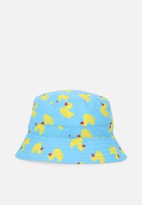 Hellblauer Fischerhut mit Muster aus mehreren gelben Gummienten, die in verschiedene Richtungen schauen.