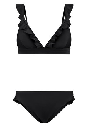 Črni bikini set z trikotnim zgornjim delom z nabranimi detajli in nastavljivimi naramnicami, v kompletu z nizkimi hlačkami. Gladka tekstura tkanine.