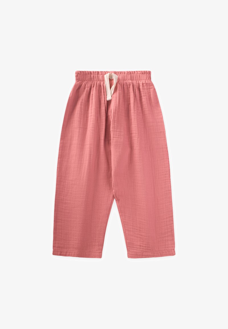 Rožīgas, vieglas kokvilnas bikses ar elastīgu jostu un auklu. Iezīmē brīvu piegriezumu un teksturētu audumu.