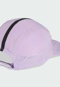 Purple cap with a textured fabric, featuring a black stripe and ventilation holes on the side for breathability. Adjustable strap at the back.