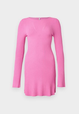 Pink ribbed long-sleeve dress with a fitted silhouette, featuring subtle v-shaped neckline and side slits for ease of movement.