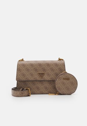 Brown patterned Guess crossbody bag with detachable strap and round matching coin pouch, both featuring gold-tone accents and logos.