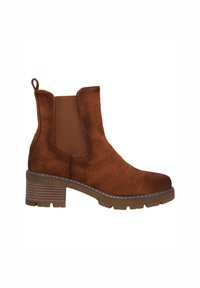 Bottines en daim brun avec des panneaux latéraux élastiques, une semelle texturée et un talon bloc. Comprend une languette pour un enfilage facile.