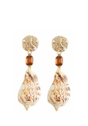 Gold earrings with starfish design, small pearls, amber-colored gemstones, and natural patterned sea shell pendants.