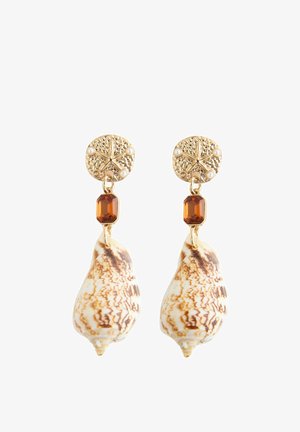 Gold earrings with starfish design, small pearls, amber-colored gemstones, and natural patterned sea shell pendants.