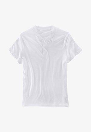 Witte t-shirt met korte mouwen, gemaakt van zachte katoenen stof, met een ronde kraag en een twee-knops sluiting.