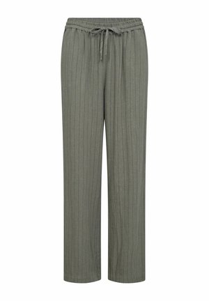 Green pinstriped wide-leg pants with an elastic waistband and drawstring detail, made from soft fabric, ideal for comfort and ease of wear.