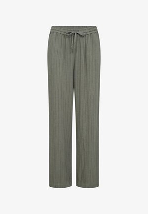 Pantalones de cintura ancha a rayas verdes con banda elástica y detalle de cordón, hechos de tejido suave, ideales para la comodidad y facilidad de uso.