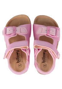 Sandales roses avec des sangles réglables, des détails de boucle et des semelles rembourrées. Fabriquées en matériau synthétique lisse avec des semelles brunes.