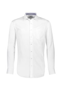 Witte lange mouwen button-up blouse met een zak, gemaakt van een textuurstof en met een contrasterende blauwe binnenkraag. Klassiek pasvorm ontwerp.