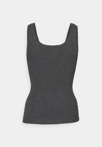 Haut sans manches en tricot côtelé gris foncé avec larges bretelles et encolure carrée, cintré à la taille.