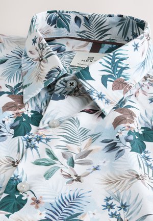 Short-sleeve shirt in lightweight fabric, featuring a floral pattern in shades of green, brown, and blue, with a classic collar and button details.