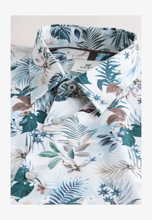 Short-sleeve shirt in lightweight fabric, featuring a floral pattern in shades of green, brown, and blue, with a classic collar and button details.