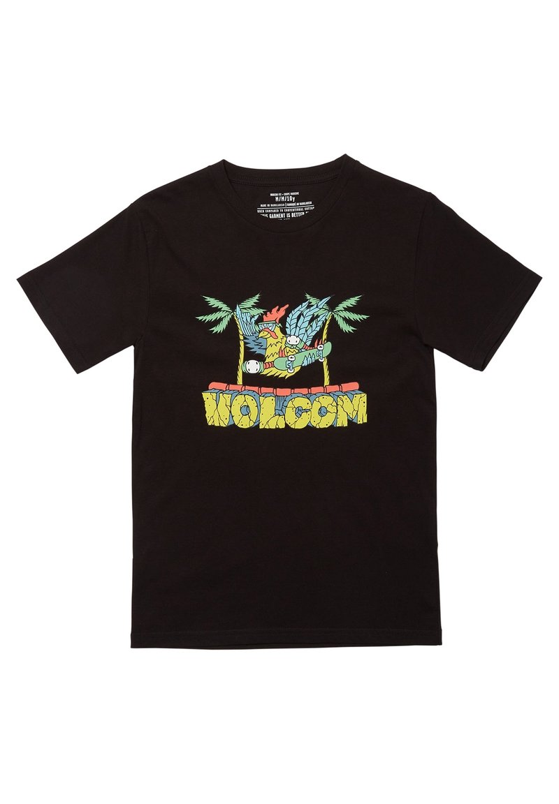 Camiseta de algodón negra con un gráfico colorido de palmeras y elementos de dibujos animados, con el texto "VOLCOM" en la parte inferior en colores brillantes y en negrita.