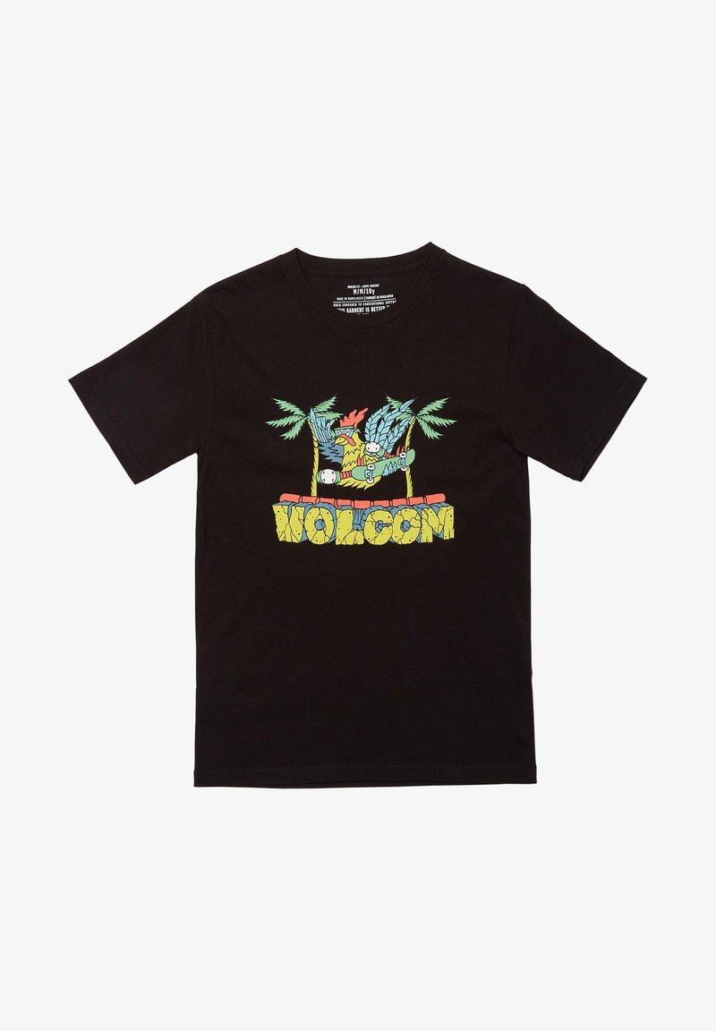 Camiseta de algodón negra con un gráfico colorido de palmeras y elementos de dibujos animados, con el texto "VOLCOM" en la parte inferior en colores brillantes y en negrita.