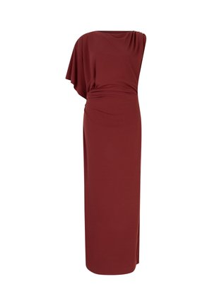 Burgundy one-shoulder dress made of soft fabric, featuring a gathered waist detail and a long, flowing silhouette. Smooth texture, minimal accents.