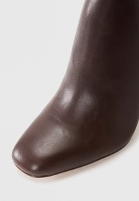 Brun læder ankelstøvle med spids tå og glat tekstur. Designet har en slank silhuet og minimalistisk stil.