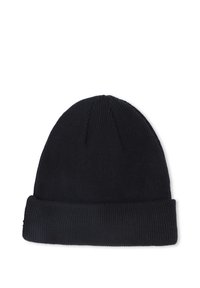 Berretto a maglia nero con texture a coste e design a risvolto. Semplice, funzionale e realizzato in materiale morbido.