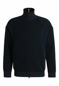 Giacca zip-up color blu navy realizzata in tessuto morbido, con colletto alto, maniche raglan e polsini a coste, dotata di due tasche laterali.