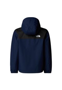 Granatowa kurtka przeciwdeszczowa z czarnym panelem na ramionach, regulowanym kapturem i elastycznymi mankietami. Na plecach znajduje się biały logo The North Face.