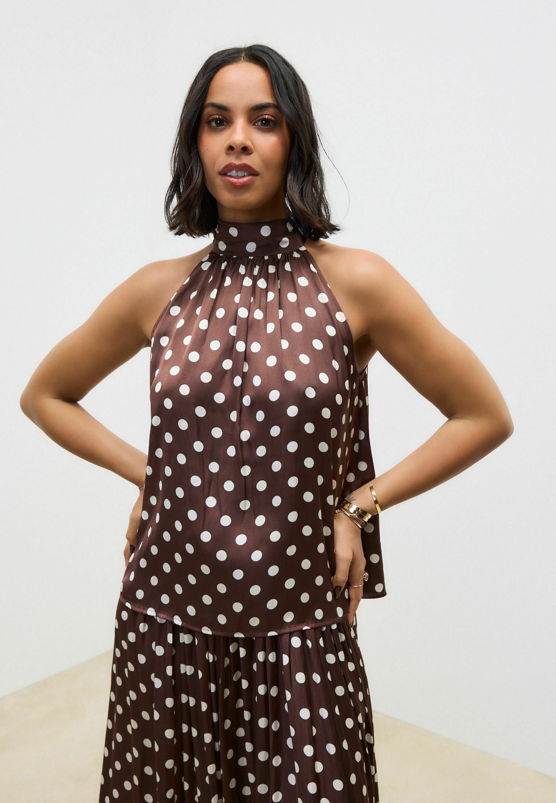 princess polly baby blue dress Next PETITE FIT GLOSSY POLKA DOT HALTER - Blouse - brown