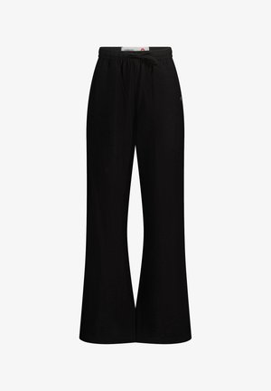 Black wide-leg pants made from lightweight fabric, featuring an elastic waistband with a drawstring. Smooth texture with no visible patterns.